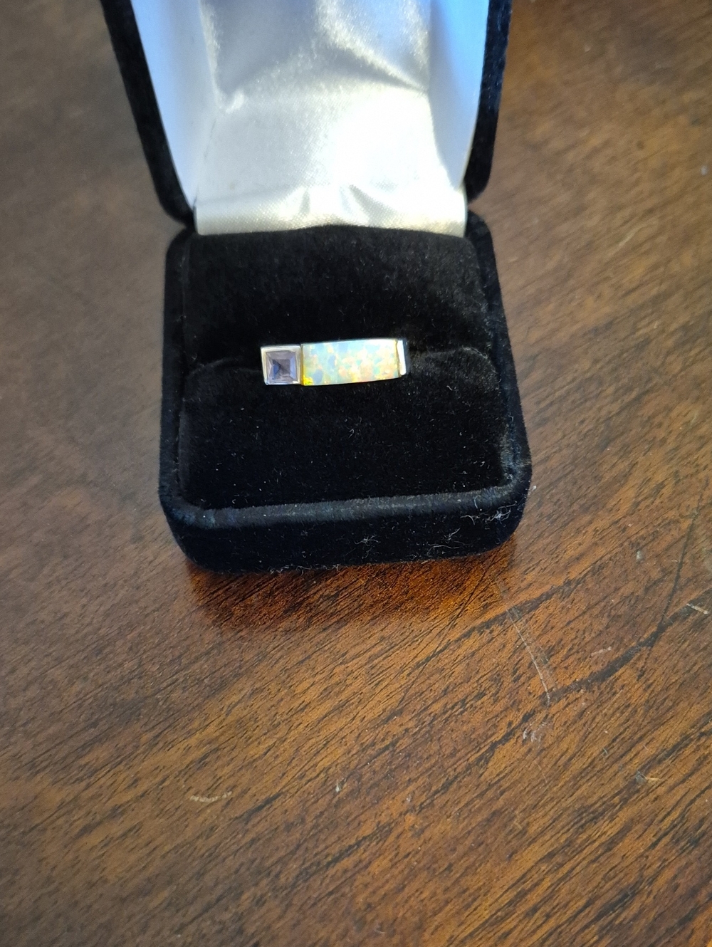 Opal Inlay Sterling Silver Bar Ring - White Opal With Purple Stone